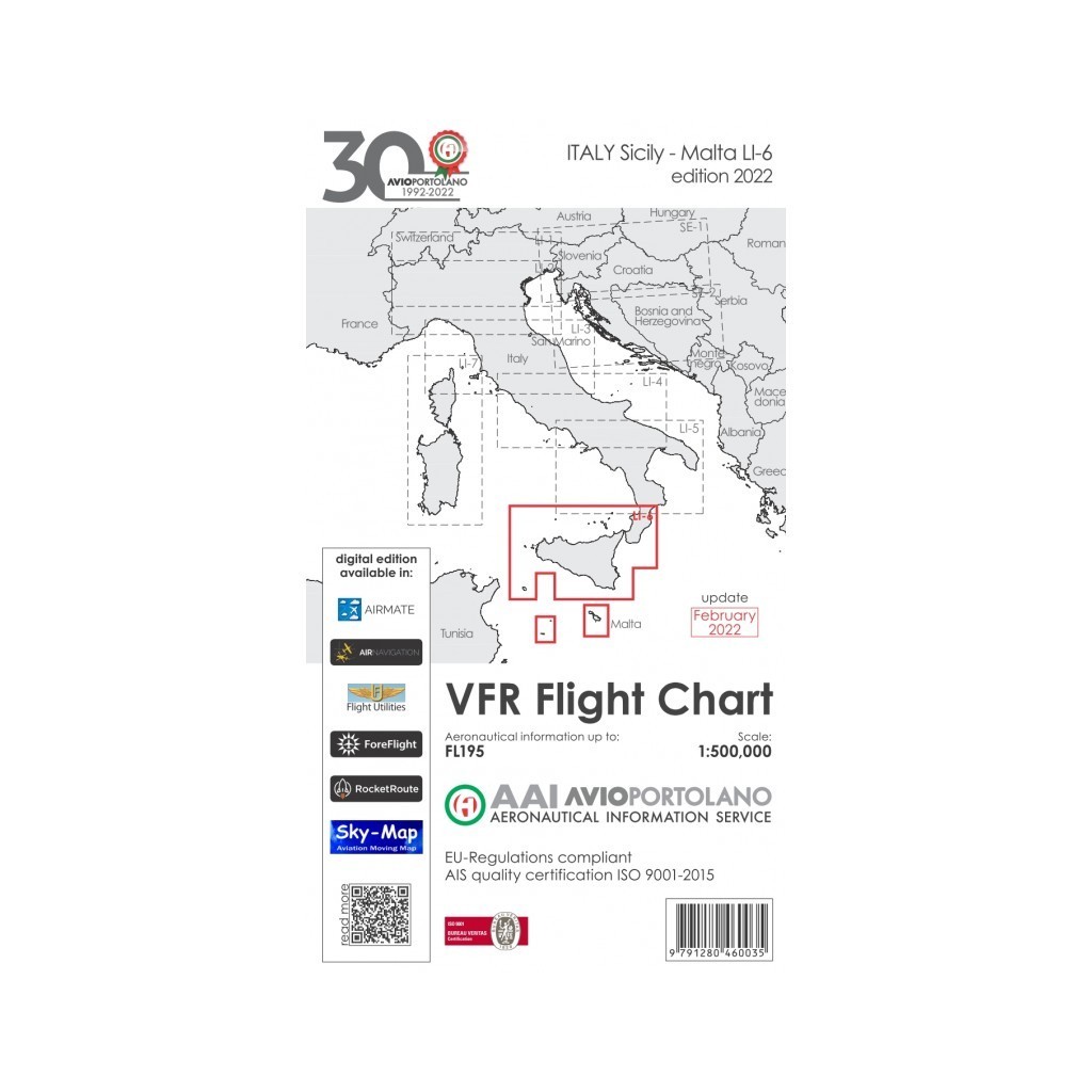 Carte Aeronautiche VFR Avioportolano edizione 2022 - LI-6 SICILIA-MALTA