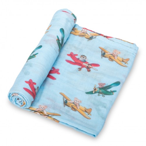 100% Cotton Muslin Swaddle Blanket - Plane Paws