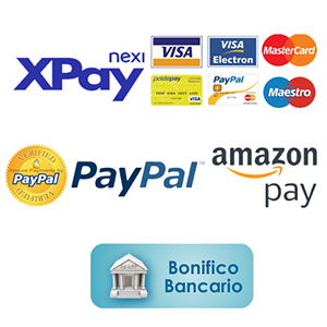 Accettiamo pagamenti con Carta di credito, PayPal,  Amazon Pay, Bonifico Bancario
